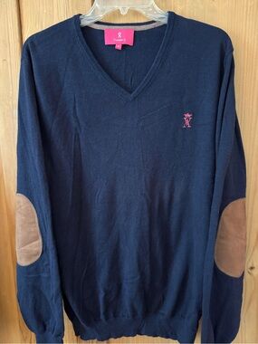 Vicomte A. Navy V-Neck Sweater with Brown Elbow Patches